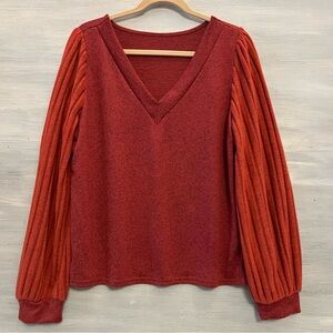 SHEIN‎ Rust Vneck Ribbed Balloon Sleeve Light Knit Sweater Size XL Like New